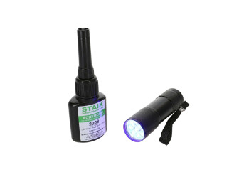 Adhesivo UV vidrio / metal Acrybond 16g y lámpara UV universal equivalente